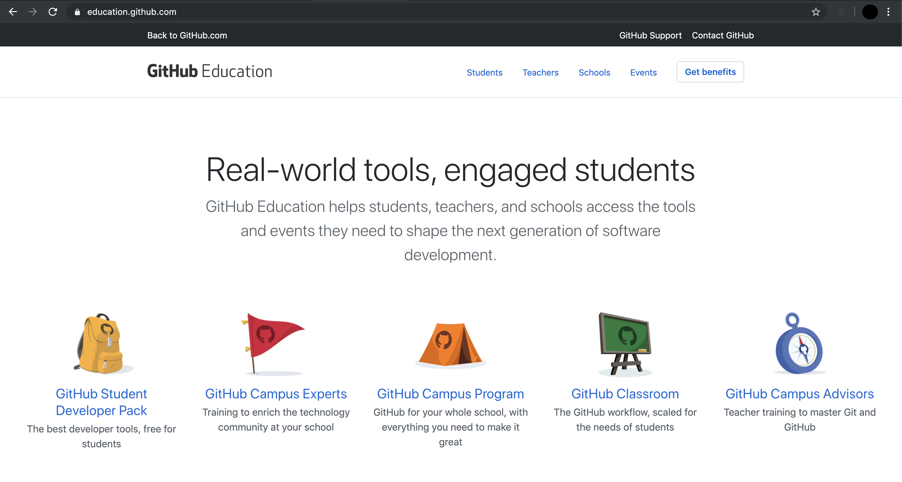 Landing page for GitHub Education