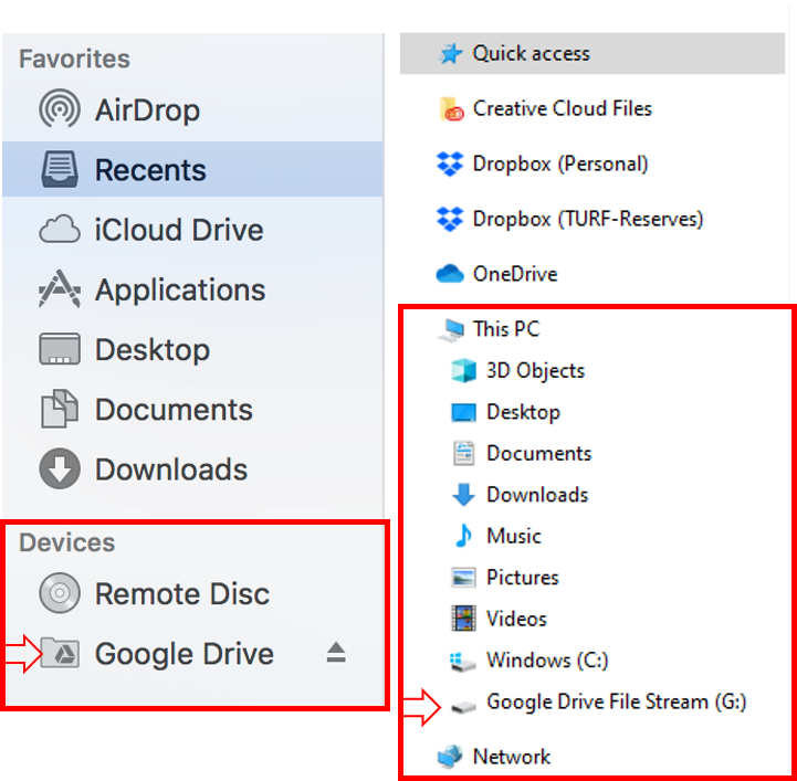 Location of the OneDrive folder depending on your operating system. Left panel shows location of the folder on Mac, and right shows the location of the folder on Windows.